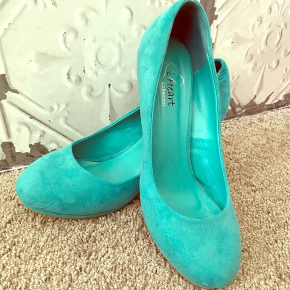iHeart Aqua Faux Suede Heels - Picture 1 of 7